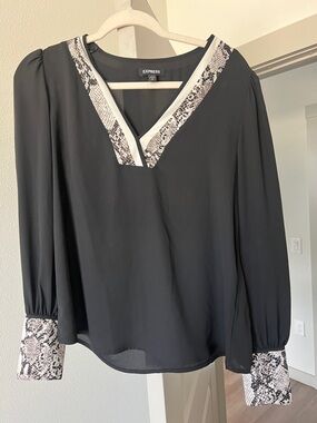 Express Black Long-Sleeve Blouse with Snake-Print Trim